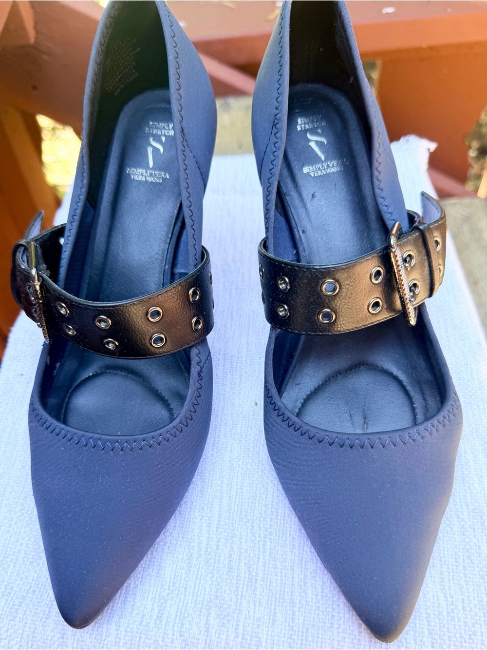Simply Vera Pointed Mary Jane Pumps with Studded Buckle Strap - Black and Blue 8
